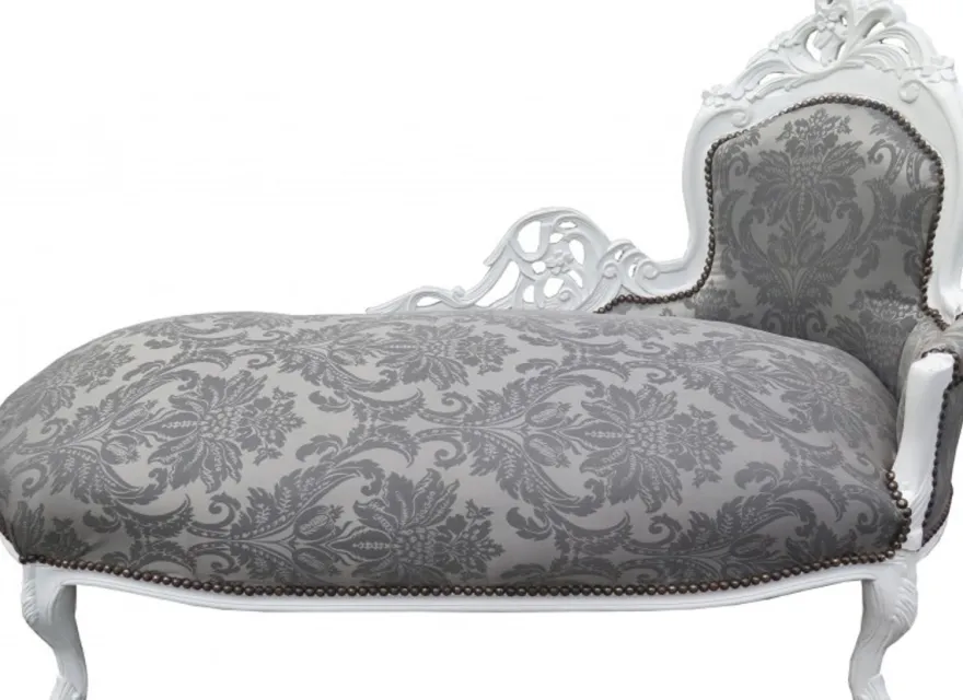 Casa Padrino Barock Chaiselongue mit grauem Muster und weißem Rahmen, 155 x 70 x 100 cm, handgefertigt