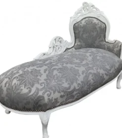Casa Padrino Barock Chaiselongue mit grauem Muster und weißem Rahmen, 155 x 70 x 100 cm, handgefertigt