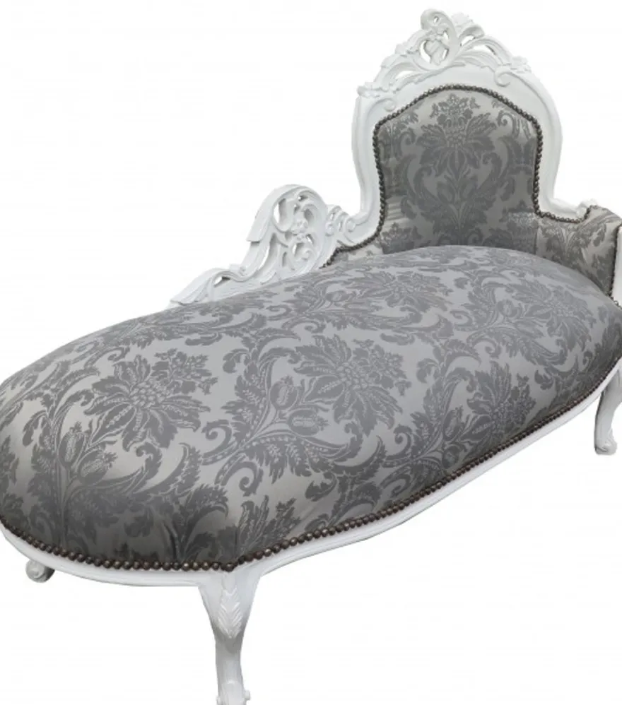 Casa Padrino Barock Chaiselongue mit grauem Muster und weißem Rahmen, 155 x 70 x 100 cm, handgefertigt