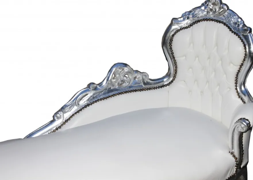 Casa Padrino Barock Chaiselongue King in Weiß und Silber aus Massivholz, 155 x 70 x 100 cm