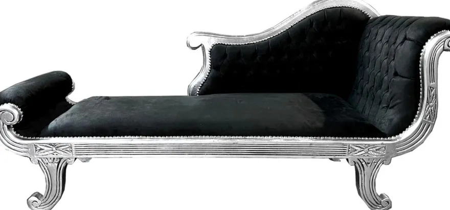 Casa Padrino Barock Chaiselongue Modell XXL Schwarz / Silber - Antik Stil - Recamiere Wohnzimmer Möbel