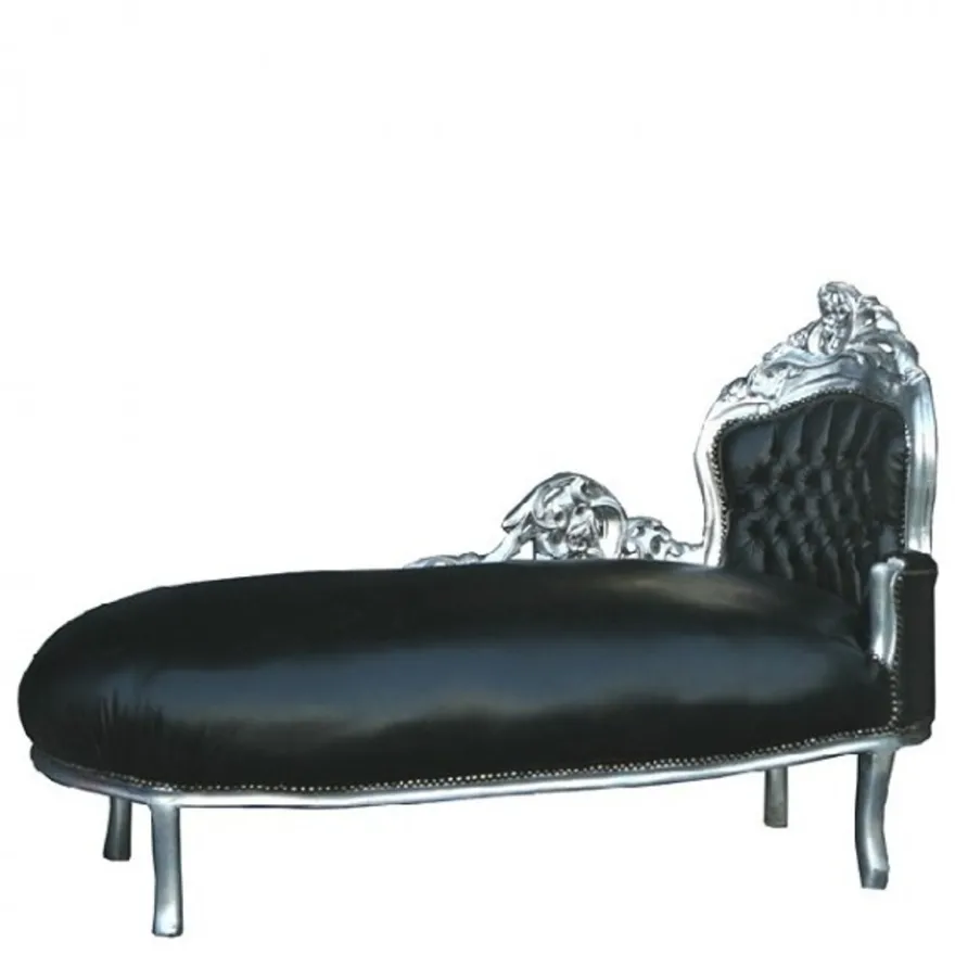 Casa Padrino Barock Chaiselongue King in Schwarz Lederoptik und Silber, Länge 155 cm, Breite 70 cm, Höhe 100 cm