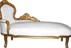 Casa Padrino Barock Chaiselongue King Weiß / Gold in Lederoptik, Länge 155 cm - Luxusmöbel im Antik Stil