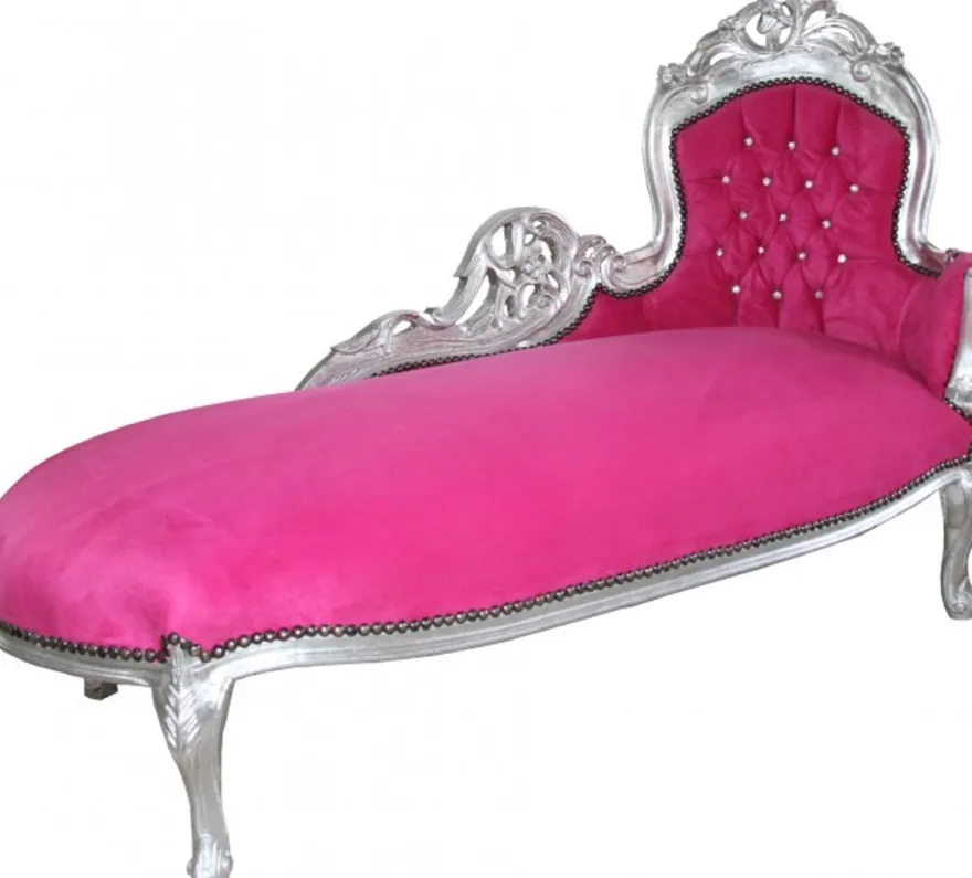 Casa Padrino Barock Chaiselongue King, Samtbezug in Rosa und Silber mit Glitzersteinen, 155 x 70 x 100 cm