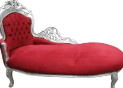 Casa Padrino Barock Chaiselongue Bordeaux Rot / Silber - Elegante Recamiere aus Massivholz, 155 x 70 x 100 cm