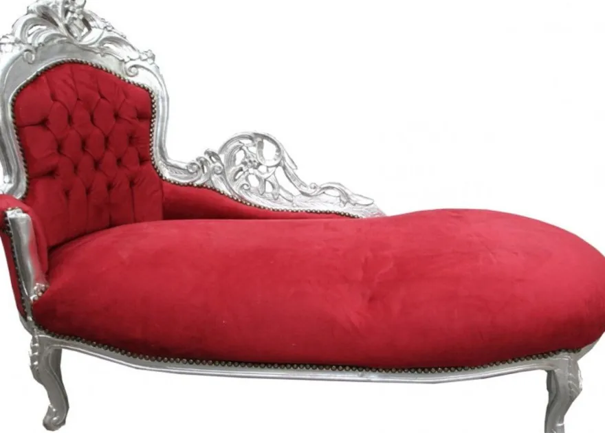 Casa Padrino Barock Chaiselongue Bordeaux Rot / Silber - Elegante Recamiere aus Massivholz, 155 x 70 x 100 cm