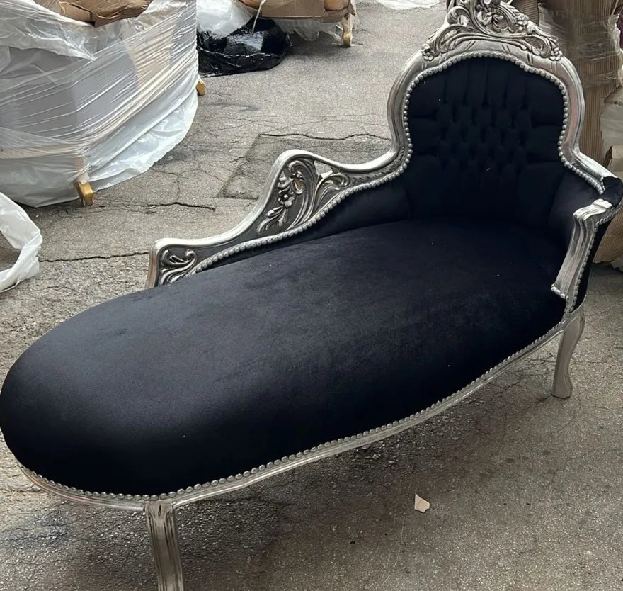 Casa Padrino Barock Chaiselongue Schwarz / Silber 155 cm - Barock Möbel