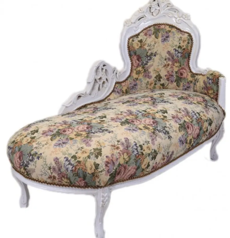 Casa Padrino Barock Chaiselongue Blumenmuster / Antik Weiß - Möbel Lounge Liege Recamiere 155 x 70 x 100 cm