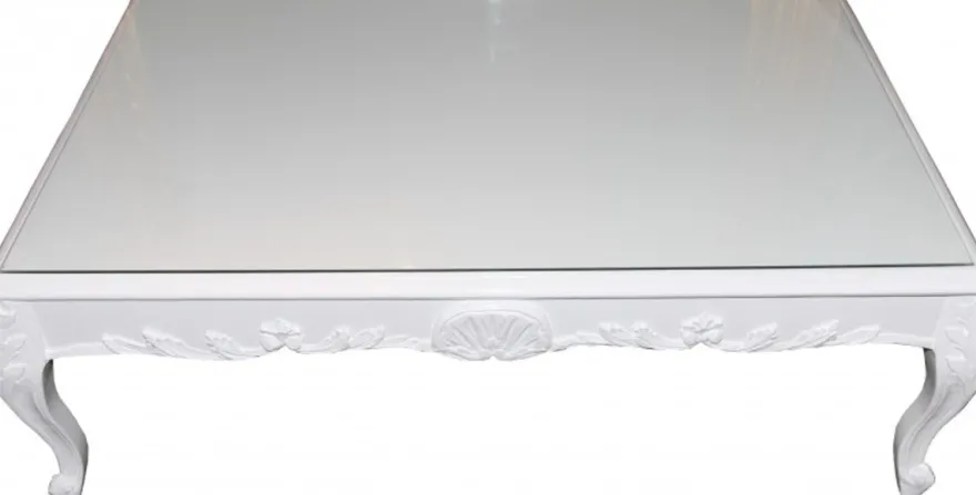 Casa Padrino Barock Couchtisch Weiß glänzend, 120 x 85 x 49 cm, Massivholz mit Glasplatte, Couchtisch im Antik Stil