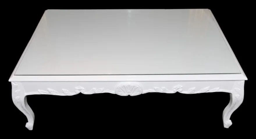 Casa Padrino Barock Couchtisch Weiß glänzend, 120 x 85 x 49 cm, Massivholz mit Glasplatte, Couchtisch im Antik Stil