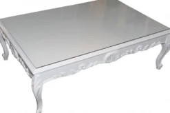 Casa Padrino Barock Couchtisch Weiß glänzend, 120 x 85 x 49 cm, Massivholz mit Glasplatte, Couchtisch im Antik Stil