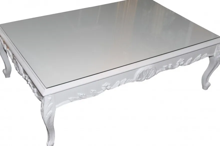 Casa Padrino Barock Couchtisch Weiß glänzend, 120 x 85 x 49 cm, Massivholz mit Glasplatte, Couchtisch im Antik Stil