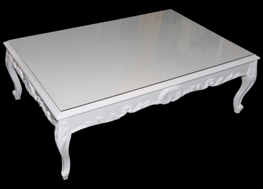 Casa Padrino Barock Couchtisch Weiß glänzend, 120 x 85 x 49 cm, Massivholz mit Glasplatte, Couchtisch im Antik Stil