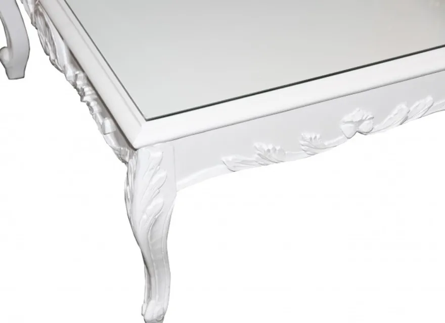 Casa Padrino Barock Couchtisch Weiß glänzend, 120 x 85 x 49 cm, Massivholz mit Glasplatte, Couchtisch im Antik Stil