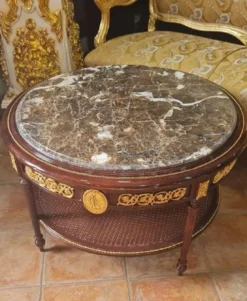 Casa Padrino Barock Couchtisch mit Marmorplatte Braun / Gold / Grau - Runder Massivholz Wohnzimmertisch im Barockstil - Barockstil Wohnzimmer Möbel - Barock Möbel - Antik Stil Wohnzimmer Möbel