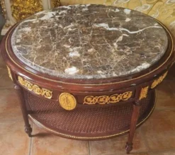 Casa Padrino Barock Couchtisch mit Marmorplatte Braun / Gold / Grau - Runder Massivholz Wohnzimmertisch im Barockstil - Barockstil Wohnzimmer Möbel - Barock Möbel - Antik Stil Wohnzimmer Möbel