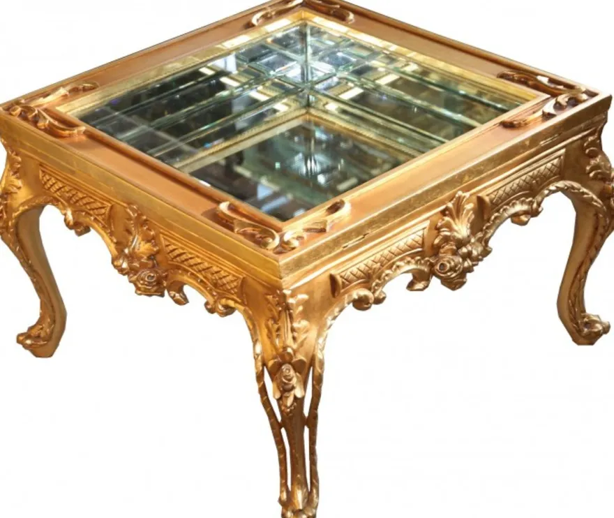 Casa Padrino Barock Couchtisch Gold verspiegelt mit aufklappbarem Glasdeckel 67 x 67 cm - Repräsentativer Wohnzimmertisch in Antik-Optik