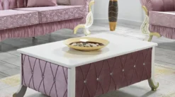 Casa Padrino Barock Couchtisch Rosa / Weiß / Gold 100 x 64 x H. 43 cm - Barockstil Wohnzimmertisch mit Glitzersteinen - Barock Möbel
