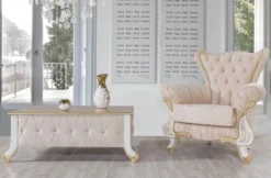 Casa Padrino Barock Couchtisch Beige / Weiß / Gold 100 x 64 x H. 43 cm - Edler Barockstil Wohnzimmertisch mit Glitzersteinen - Barock Möbel