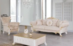 Casa Padrino Barock Couchtisch Beige / Weiß / Gold 100 x 64 x H. 43 cm - Edler Barockstil Wohnzimmertisch mit Glitzersteinen - Barock Möbel