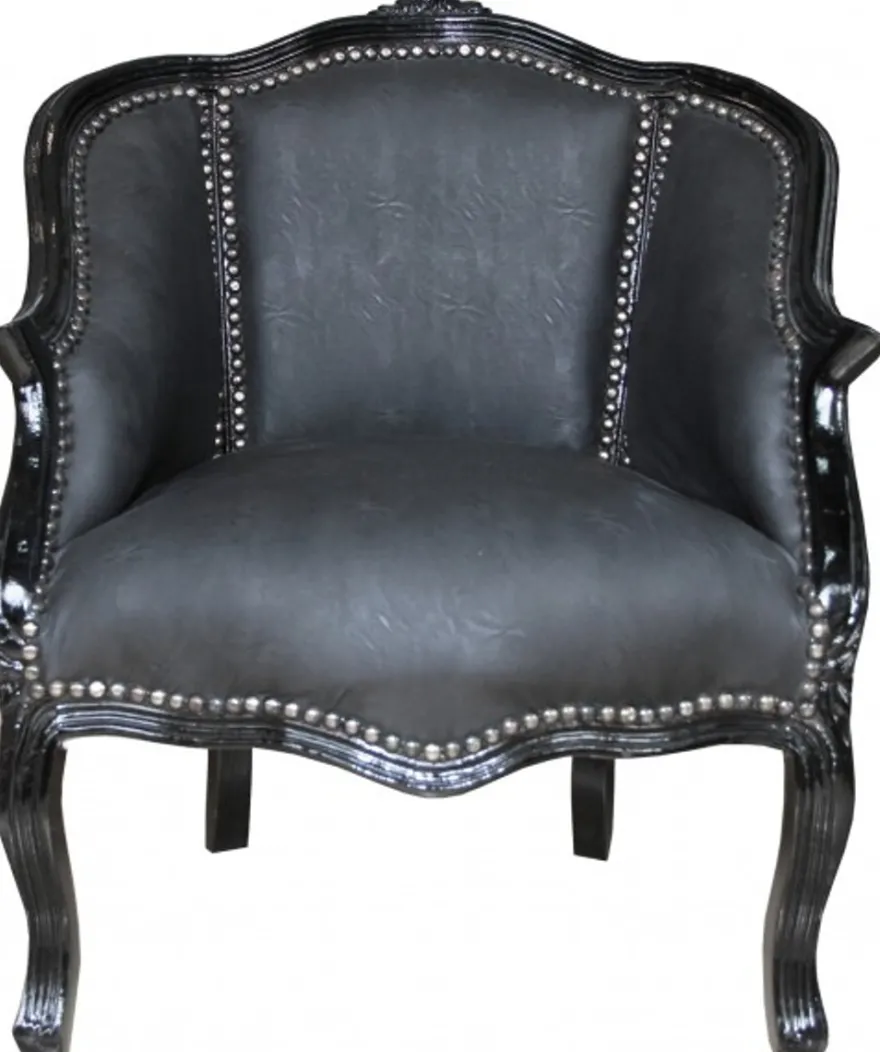 Casa Padrino Barock Damen Salon Sessel Schwarz/Schwarz Kunstleder - Antik Stil - 80 x 63 x 53 cm