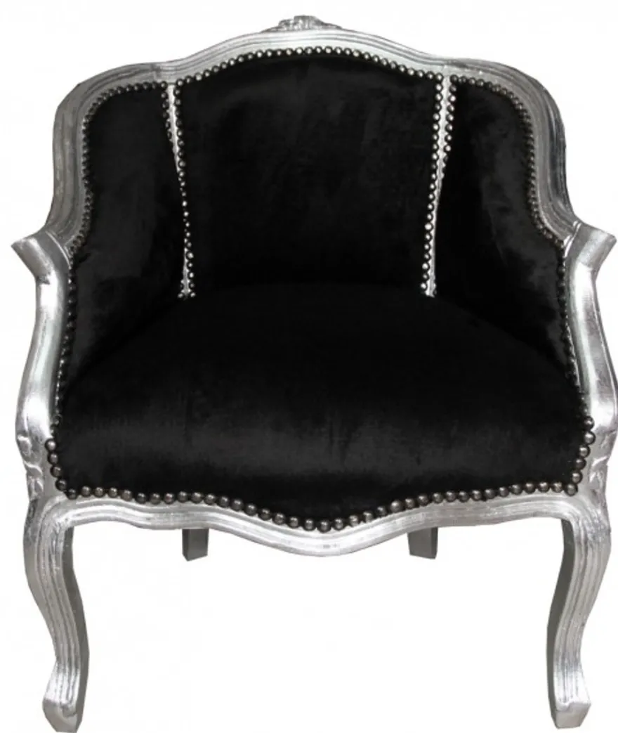 Casa Padrino Barock Damen Salon Sessel Schwarz / Silber - Handgefertigter Antik Stil Sessel, 80 x 63 x 53 cm