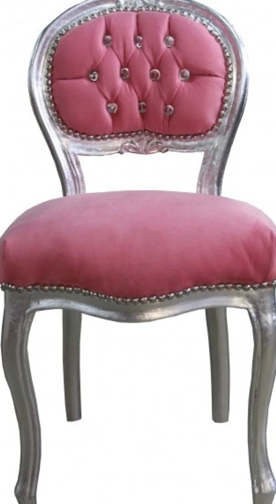 Casa Padrino Barock Damen Stuhl Rosa / Silber mit Bling Bling Glitzersteinen - Schminktisch Stuhl