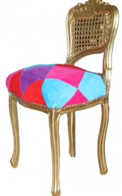 Casa Padrino Barock Damen Stuhl Mod2 Karo Bunt / Gold - Schminkstuhl