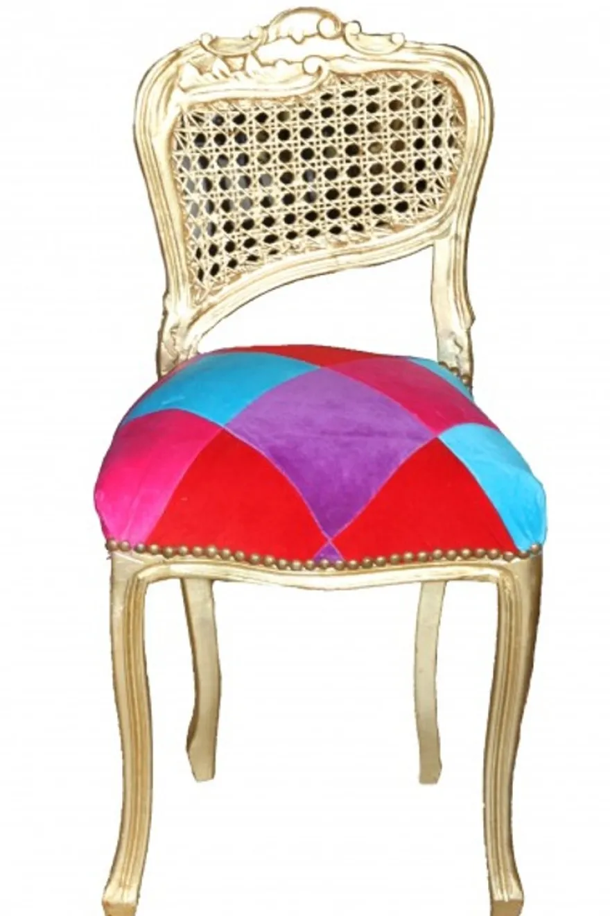 Casa Padrino Barock Damen Stuhl Mod2 Karo Bunt / Gold - Schminkstuhl