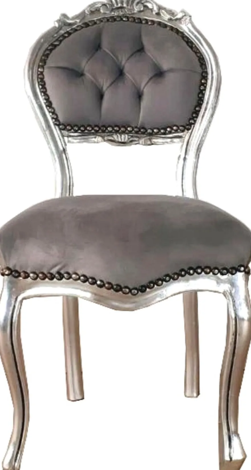 Casa Padrino Barock Damen Stuhl Grau / Silber 40 x 44 x H. 83 cm - Handgefertigter Schminktisch Stuhl mit edlem Samtstoff - Möbel im Barockstil