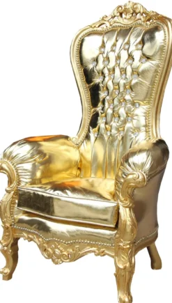 Casa Padrino Barock Damen Thron Sessel Majestic Medium Gold/ Gold Lederoptik mit Bling Bling Glitzersteinen - Riesensessel - Thron Stuhl Tron