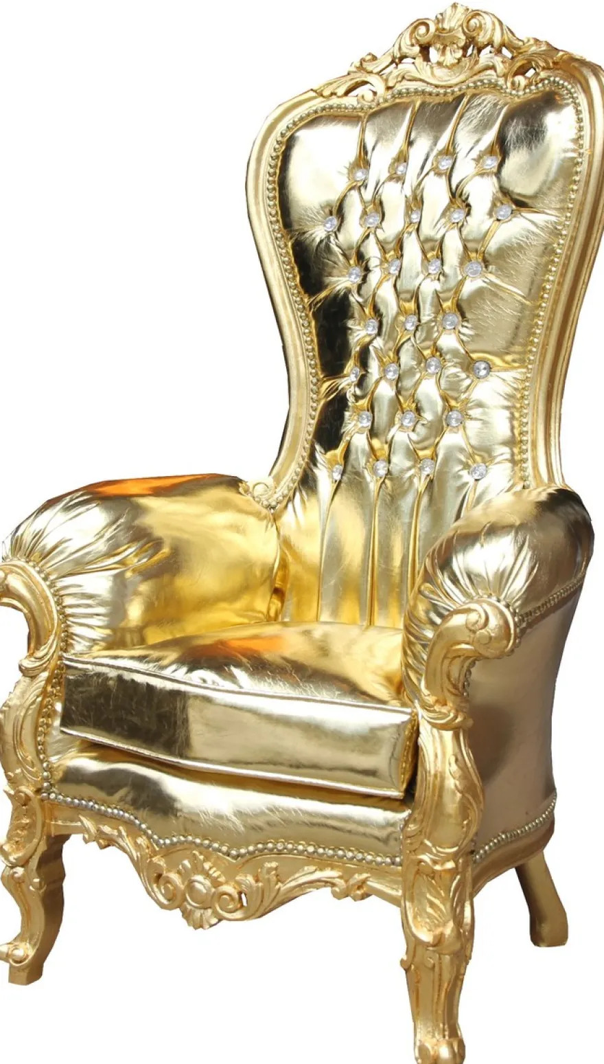 Casa Padrino Barock Damen Thron Sessel Majestic Medium Gold/ Gold Lederoptik mit Bling Bling Glitzersteinen - Riesensessel - Thron Stuhl Tron