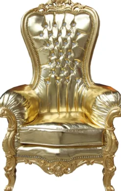 Casa Padrino Barock Damen Thron Sessel Majestic Medium Gold/ Gold Lederoptik mit Bling Bling Glitzersteinen - Riesensessel - Thron Stuhl Tron