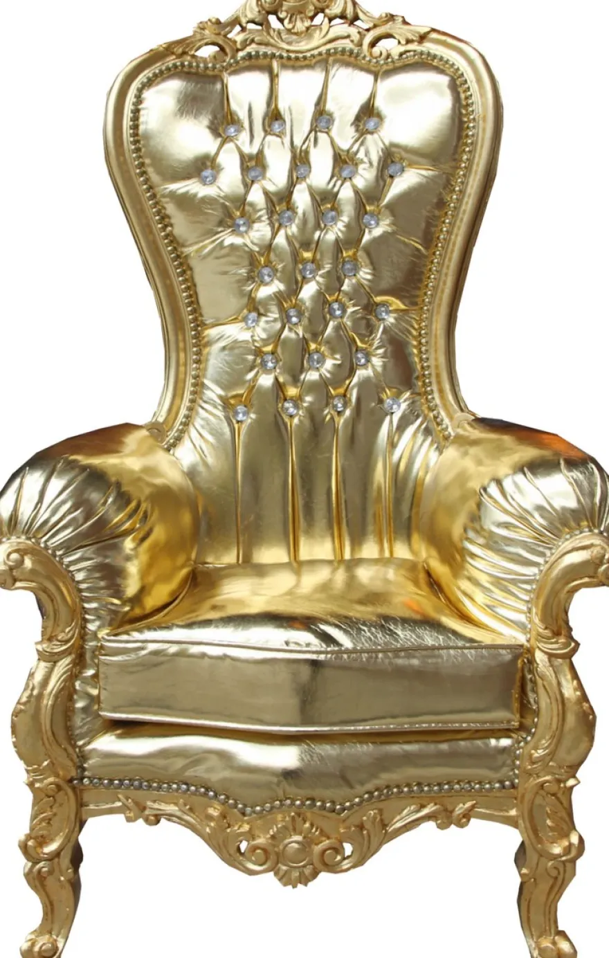 Casa Padrino Barock Damen Thron Sessel Majestic Medium Gold/ Gold Lederoptik mit Bling Bling Glitzersteinen - Riesensessel - Thron Stuhl Tron