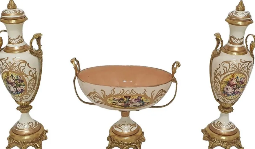Casa Padrino Barock Deko Keramik Vasen Set mit Schale Creme / Mehrfarbig / Messing - Prunkvolle Deko im Barockstil - Barock Deko Accessoires - Barock Möbel - Edel & Prunkvoll