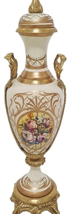 Casa Padrino Barock Deko Keramik Vasen Set mit Schale Creme / Mehrfarbig / Messing - Prunkvolle Deko im Barockstil - Barock Deko Accessoires - Barock Möbel - Edel & Prunkvoll