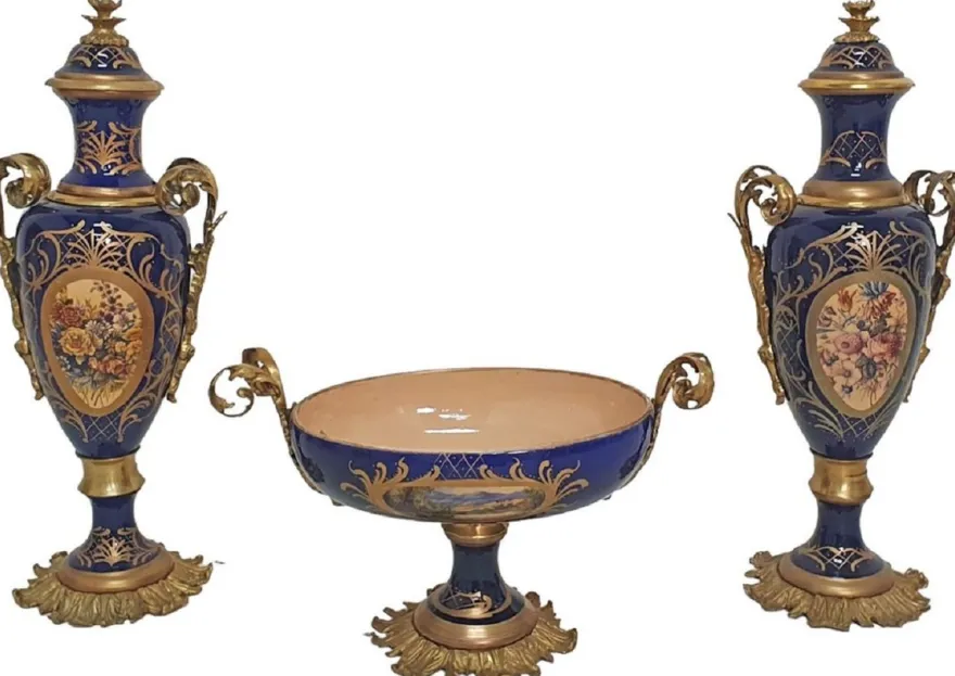 Casa Padrino Barock Deko Keramik Vasen Set mit Schale Blau / Mehrfarbig / Messing - Prunkvolle Deko im Barockstil - Barock Deko Accessoires - Barock Möbel - Edel & Prunkvoll