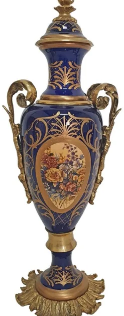 Casa Padrino Barock Deko Keramik Vasen Set mit Schale Blau / Mehrfarbig / Messing - Prunkvolle Deko im Barockstil - Barock Deko Accessoires - Barock Möbel - Edel & Prunkvoll