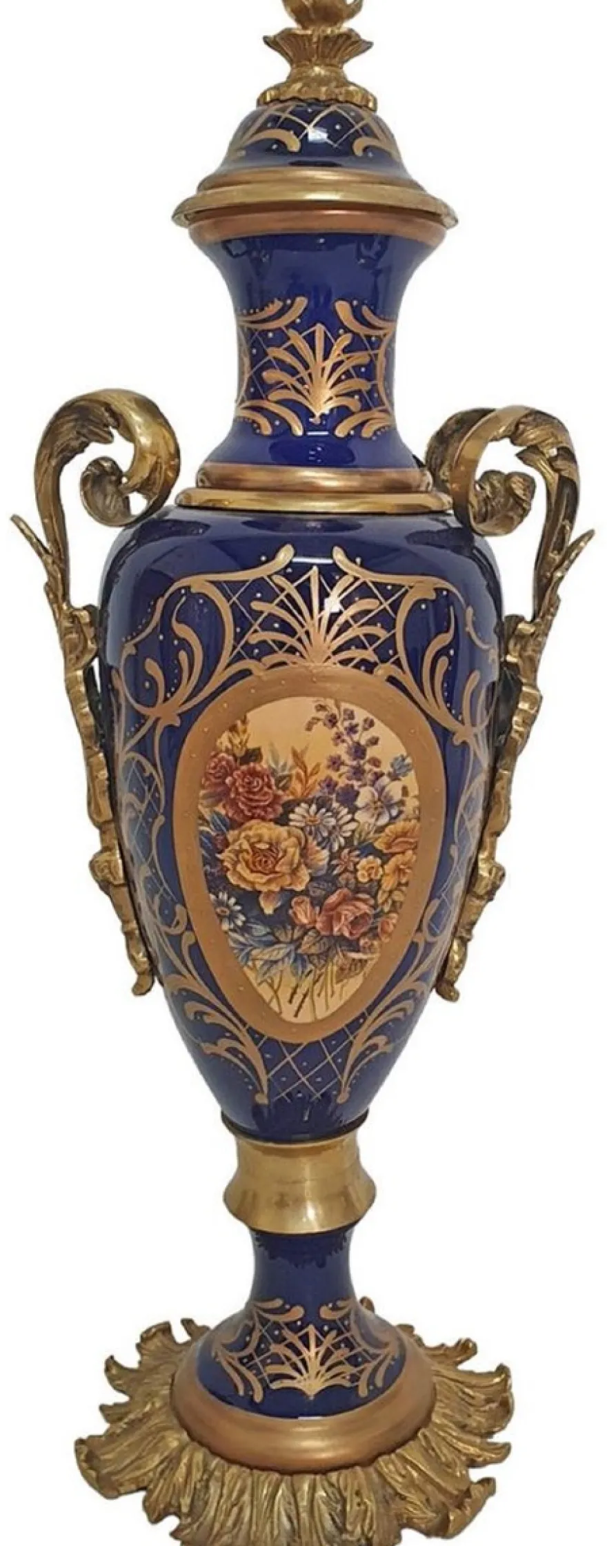 Casa Padrino Barock Deko Keramik Vasen Set mit Schale Blau / Mehrfarbig / Messing - Prunkvolle Deko im Barockstil - Barock Deko Accessoires - Barock Möbel - Edel & Prunkvoll