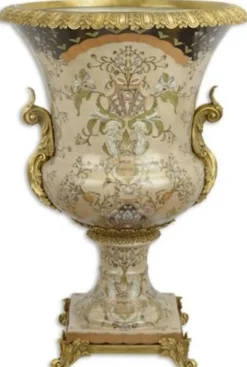 Casa Padrino Barock Deko Porzellan Vase Mehrfarbig / Messingfarben Ø 52 x H. 75,5 cm - Prunkvolle Blumenvase - Deko Accessoires im Barockstil