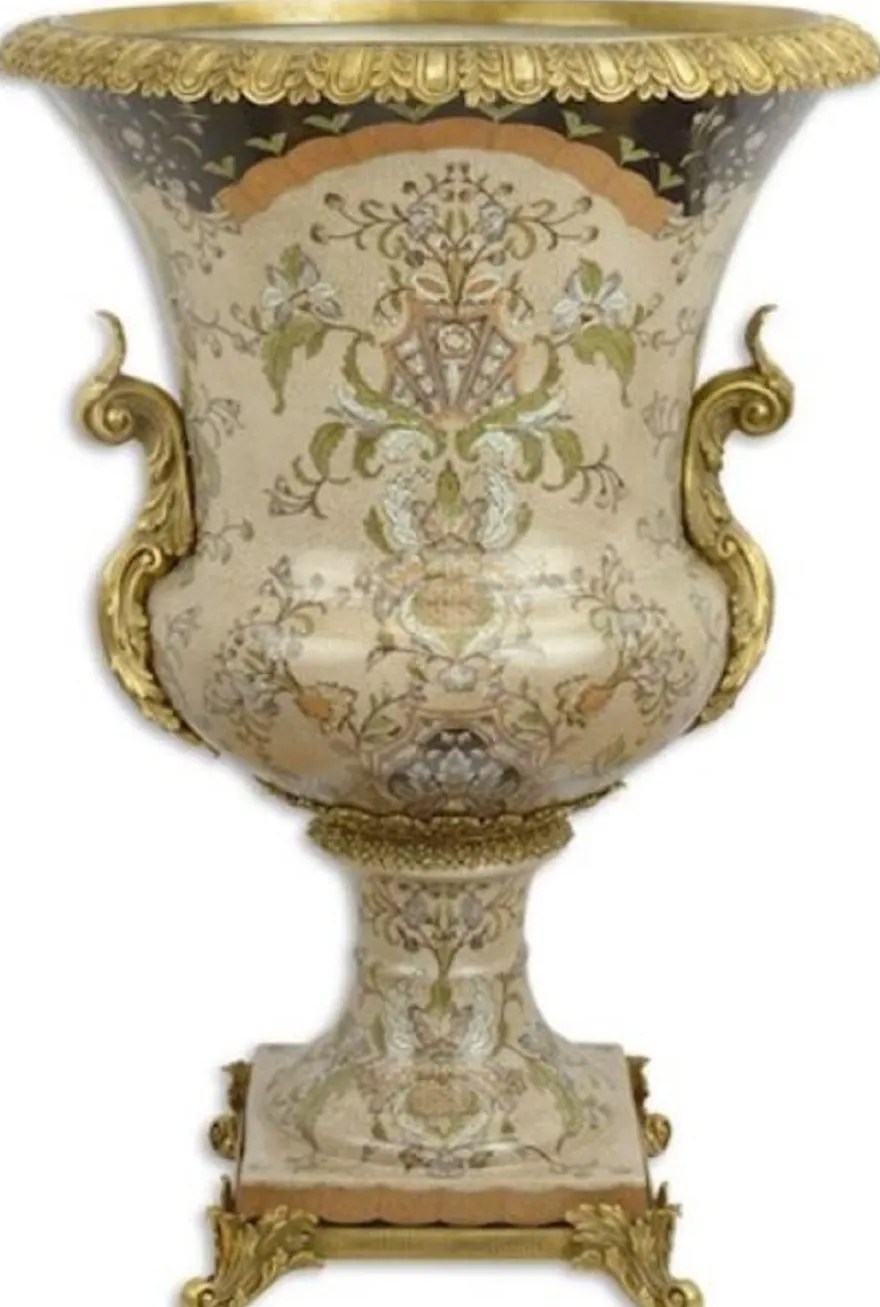 Casa Padrino Barock Deko Porzellan Vase Mehrfarbig / Messingfarben Ø 52 x H. 75,5 cm - Prunkvolle Blumenvase - Deko Accessoires im Barockstil