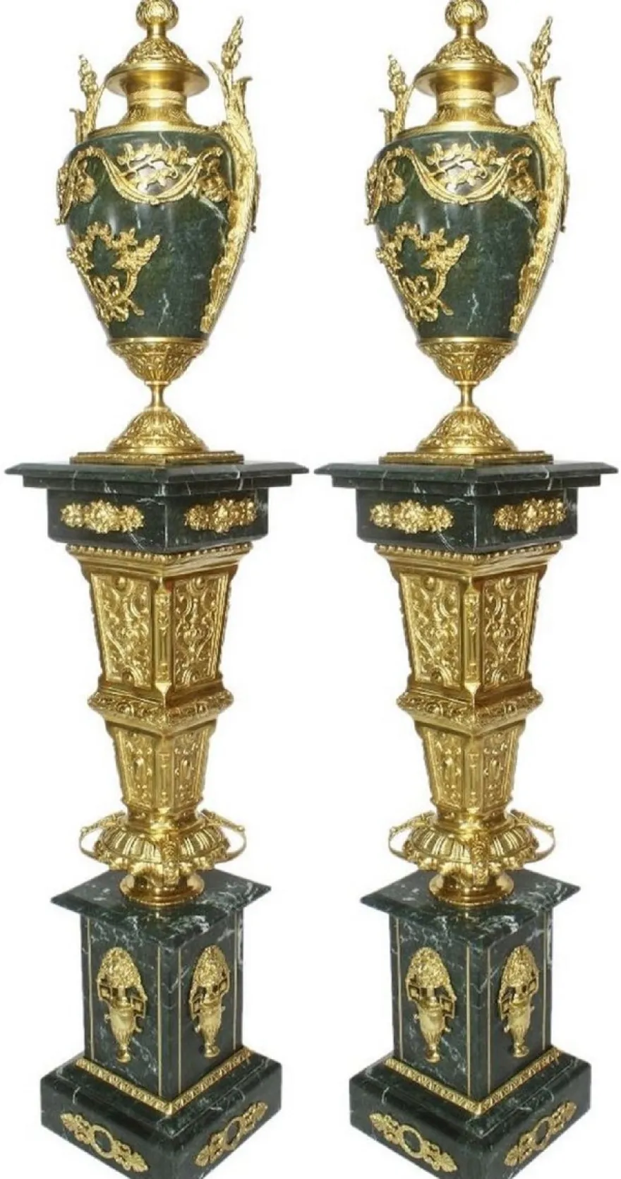 Casa Padrino Barock Deko Porzellan Vasen mit Marmor Säulen Set Grün / Gold 30 x 30 x H. 180 cm - Edel & Prunkvoll