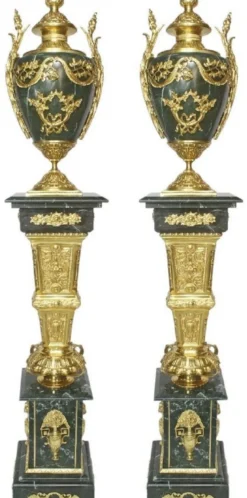 Casa Padrino Barock Deko Porzellan Vasen mit Marmor Säulen Set Grün / Gold 30 x 30 x H. 180 cm - Edel & Prunkvoll