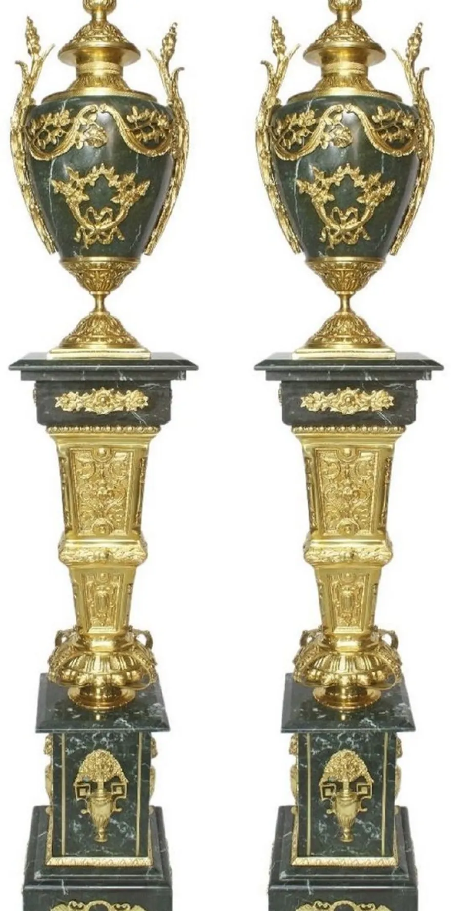 Casa Padrino Barock Deko Porzellan Vasen mit Marmor Säulen Set Grün / Gold 30 x 30 x H. 180 cm - Edel & Prunkvoll
