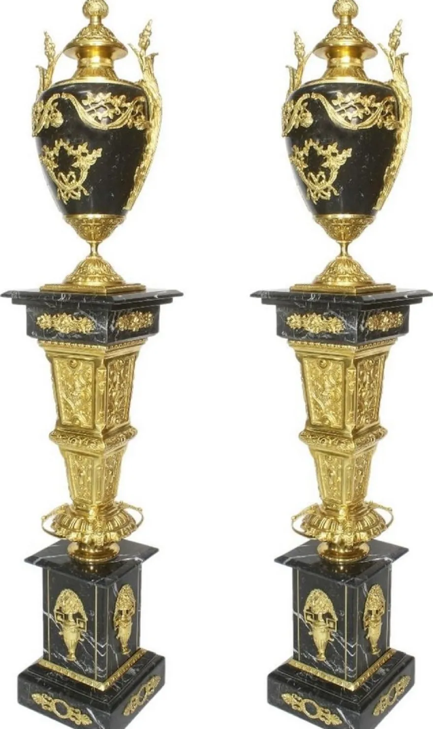 Casa Padrino Barock Deko Porzellan Vasen mit Marmor Säulen Set Schwarz / Gold 30 x 30 x H. 180 cm - Edel & Prunkvoll