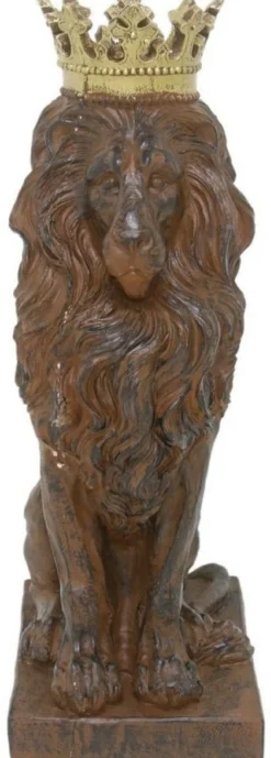 Casa Padrino Barock Deko Skulptur Löwe mit Krone Braun / Gold 25 x H. 75 cm - Prunkvolle Kunstharz Dekofigur - Barock Wohnzimmer Deko Accessoires