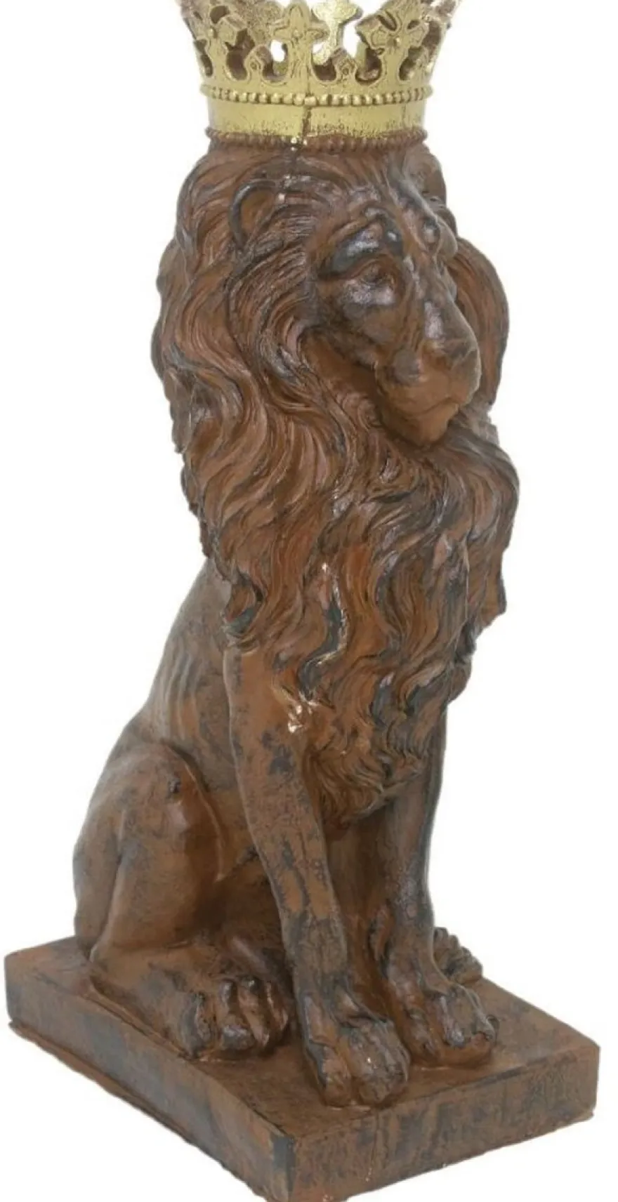 Casa Padrino Barock Deko Skulptur Löwe mit Krone Braun / Gold 25 x H. 75 cm - Prunkvolle Kunstharz Dekofigur - Barock Wohnzimmer Deko Accessoires