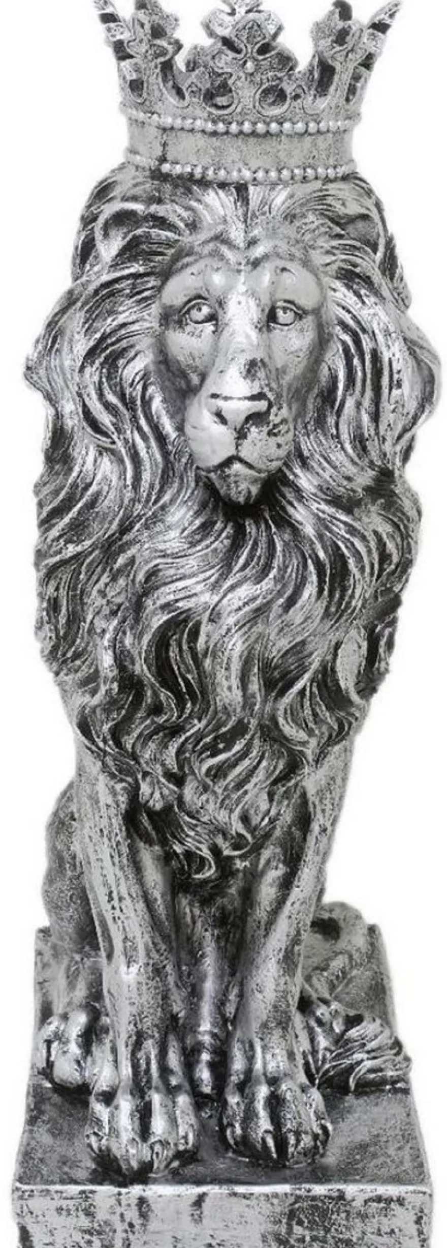 Casa Padrino Barock Deko Skulptur Löwe mit Krone Silber 25 x H. 75 cm - Prunkvolle Kunstharz Dekofigur - Barock Wohnzimmer Deko Accessoires
