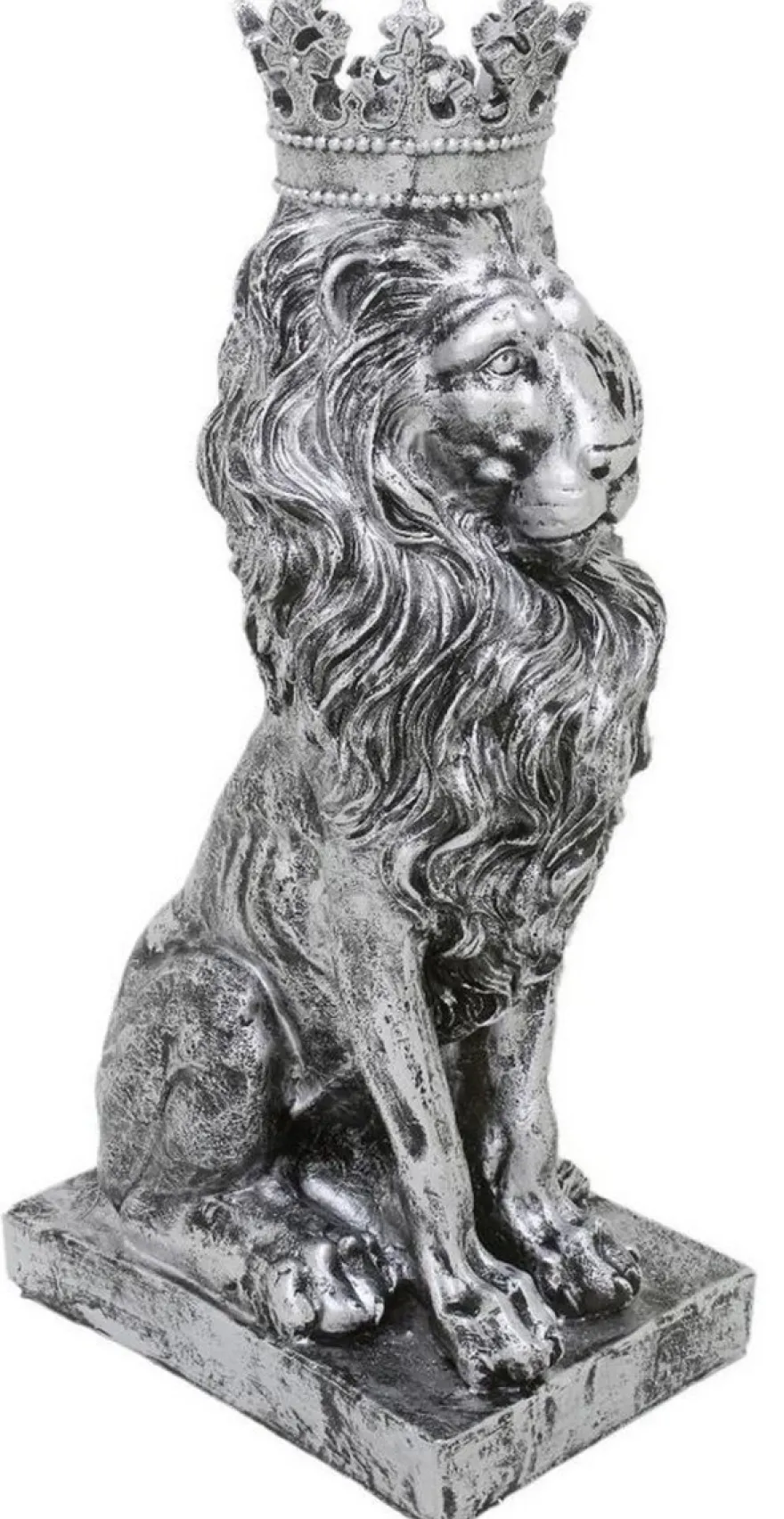 Casa Padrino Barock Deko Skulptur Löwe mit Krone Silber 25 x H. 75 cm - Prunkvolle Kunstharz Dekofigur - Barock Wohnzimmer Deko Accessoires