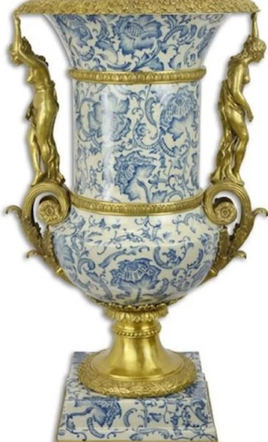 Casa Padrino Barock Deko Vase Creme / Blau / Gold 53 x 47,8 x H. 85,7 cm - Prunkvolle Porzellan Blumenvase mit 2 Bronze Griffen - Deko Accessoires im Barockstil